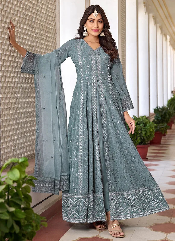 Holiday Sale Light Grey Sequence Embroidery Slit Style Anarkali Pant Suit