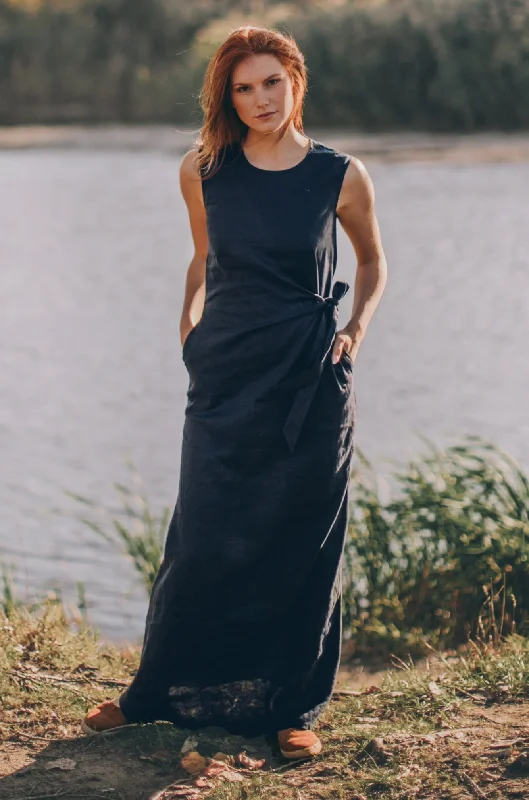 Act Now Long Linen Dress with Ruched Waist