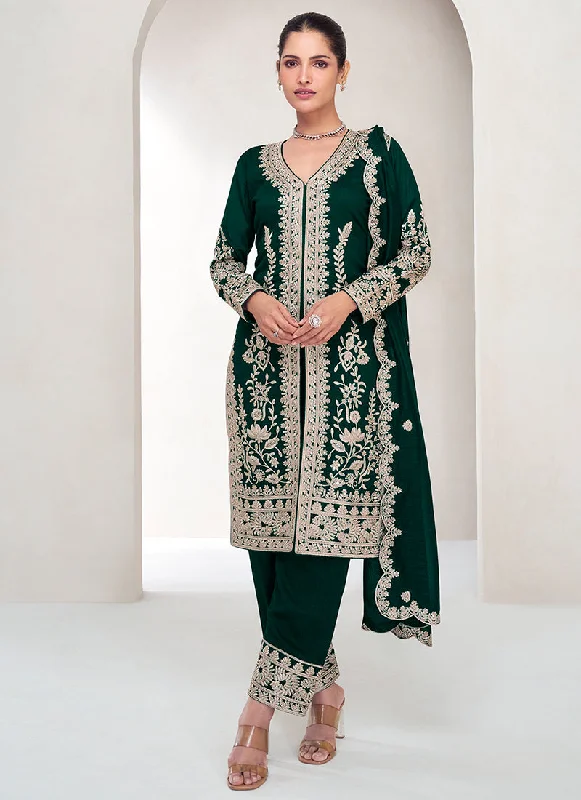 New Markdowns Green Embroidered Silk Salwar Kameez Suit