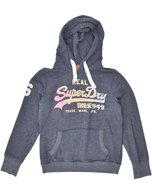 Closeout SUPERDRY Womens Graphic Hoodie Jumper UK 16 Large Navy Blue Cotton
