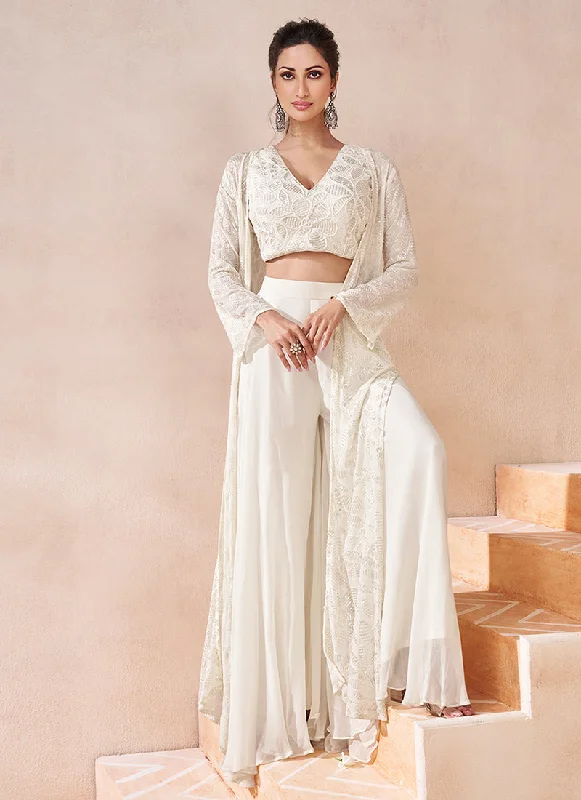 Instant Discount Off White Handwork Embroidery Cape Style Palazzo Set