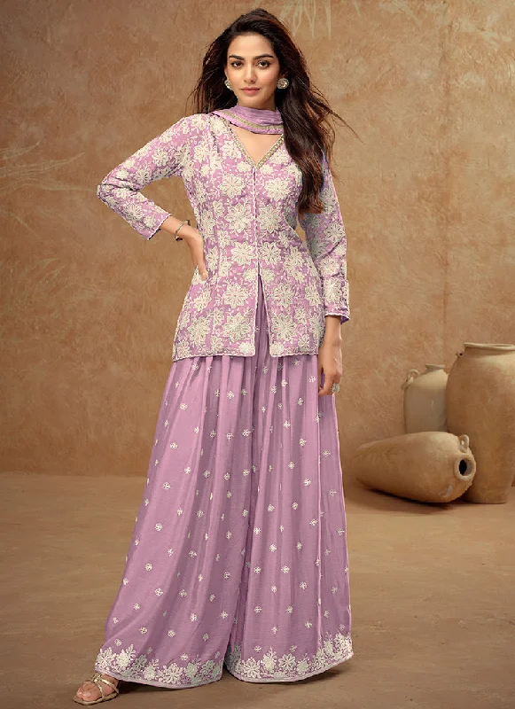 Hot Deal Lavender Embroidered Koti Style Kurti And Palazzo Suit