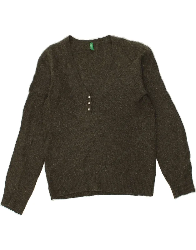 Special Buy BENETTON Womens V-Neck Jumper Sweater UK 12 Medium Khaki Wool