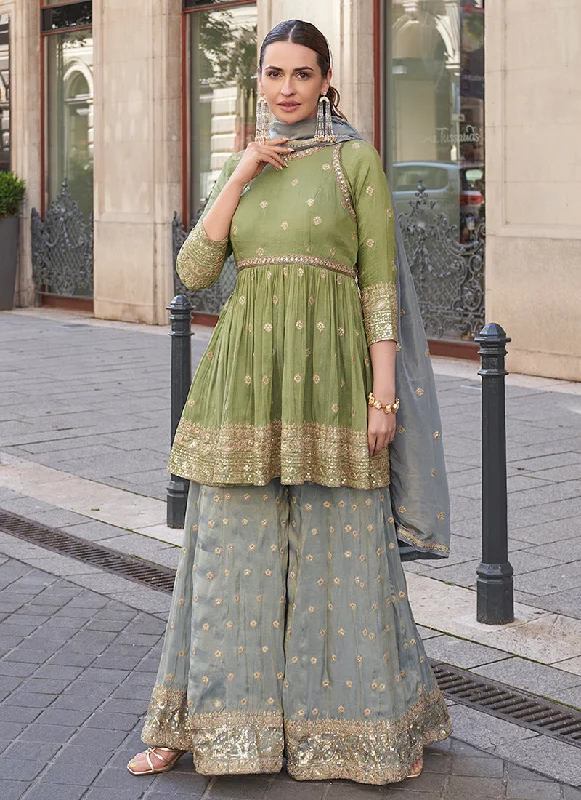 Bargain Prices Green And Mist Blue Embroidery Sharara Style Suit