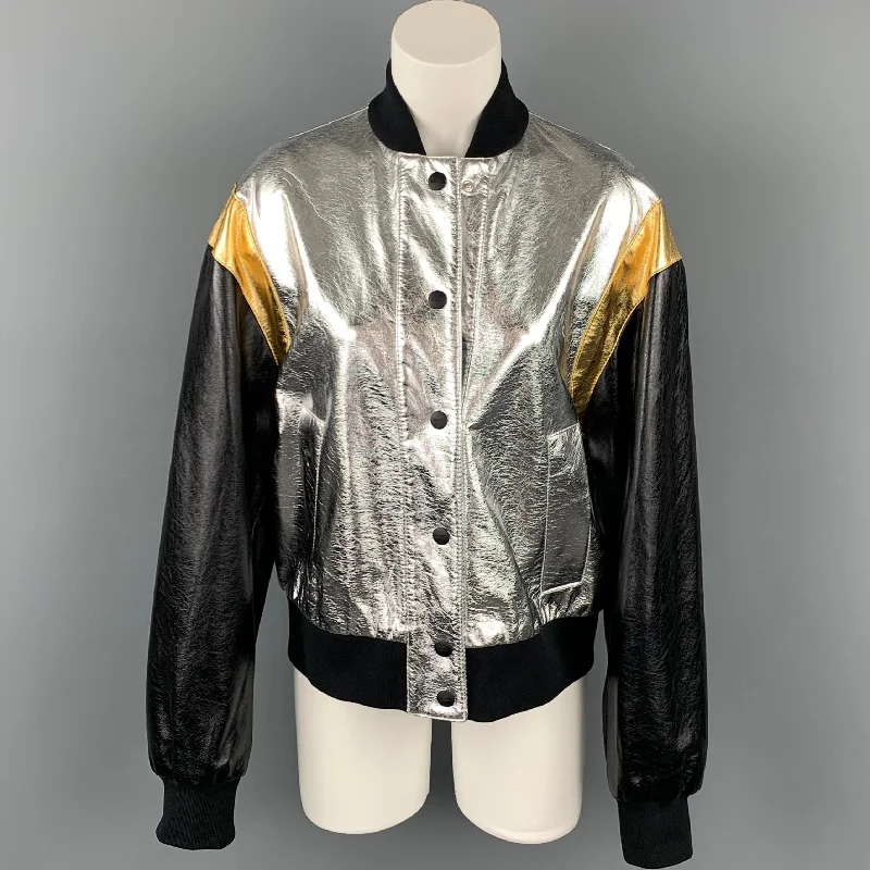 Special Discount MSGM Giubbino Size 8 Silver & Black Viscose Blend Bomber Jacket