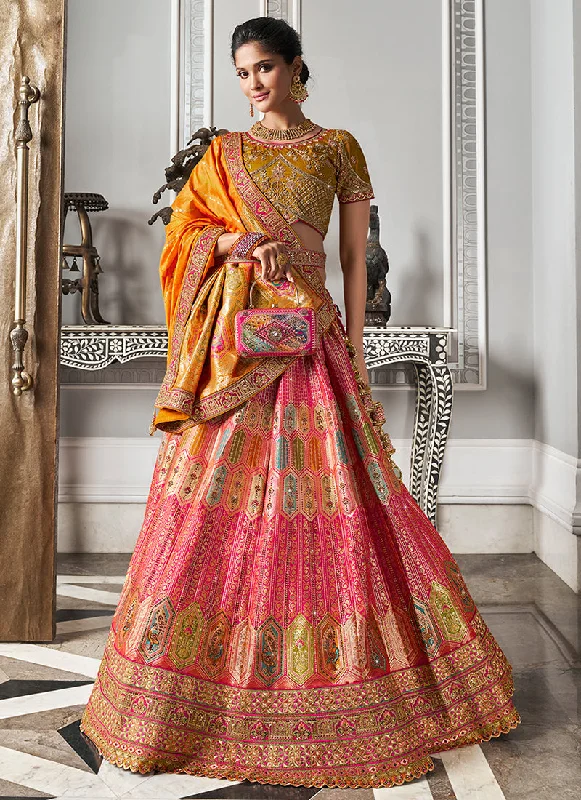 New Deals Peach And Yellow Embroidered Bridal Lehenga Choli