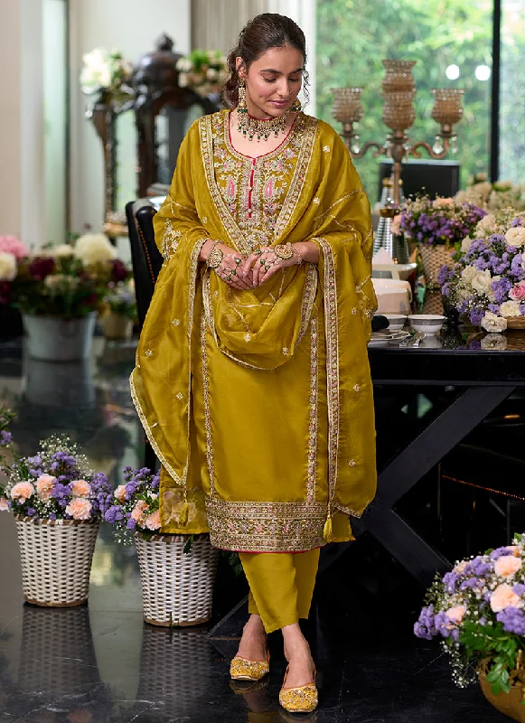 Super Deal Yellow Traditional Embroidery Pakistani Pant Suit