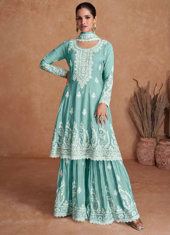 Savings Galore Teal Blue Thread Work Embroidery Wedding Gharara Style Suit