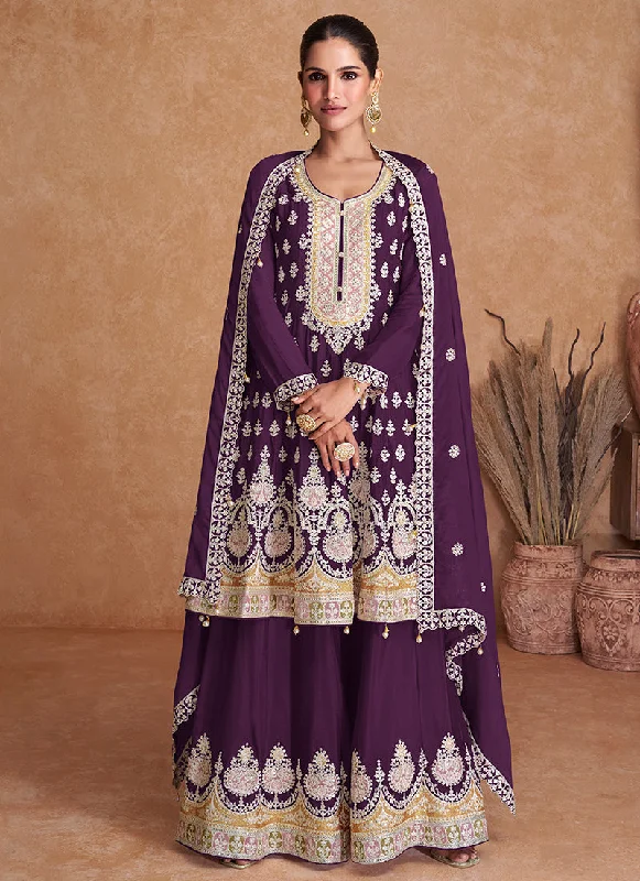 Quick Sale Purple Multi Embroidery Wedding Gharara Style Suit