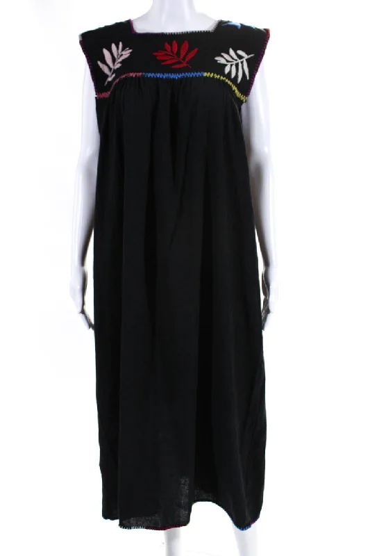Midnight Madness Carolina K Womens Embroidered Square Neck Midi Tank Dress Black Pink