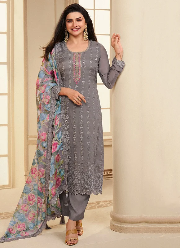 Super Bargain Grey Schiffli Embroidery Traditional Pant Style Salwar Suit
