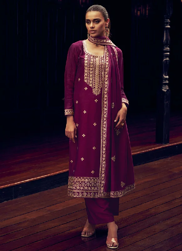 Discount Deals Deep Purple Sequence Embroidery Traditional Palazzo Suit