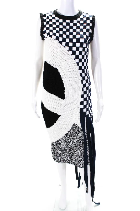 Hurry In Adeam Womens Patchwork Weave & Crochet Sleeveless Combo Dress Navy