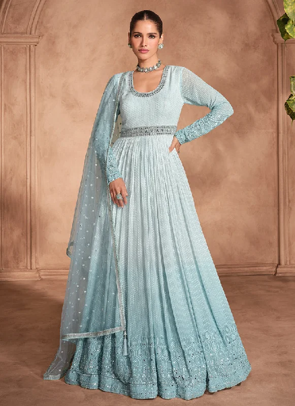 Deep Discounts Blue Ombré Chikankari Embroidery Anarkali Gown