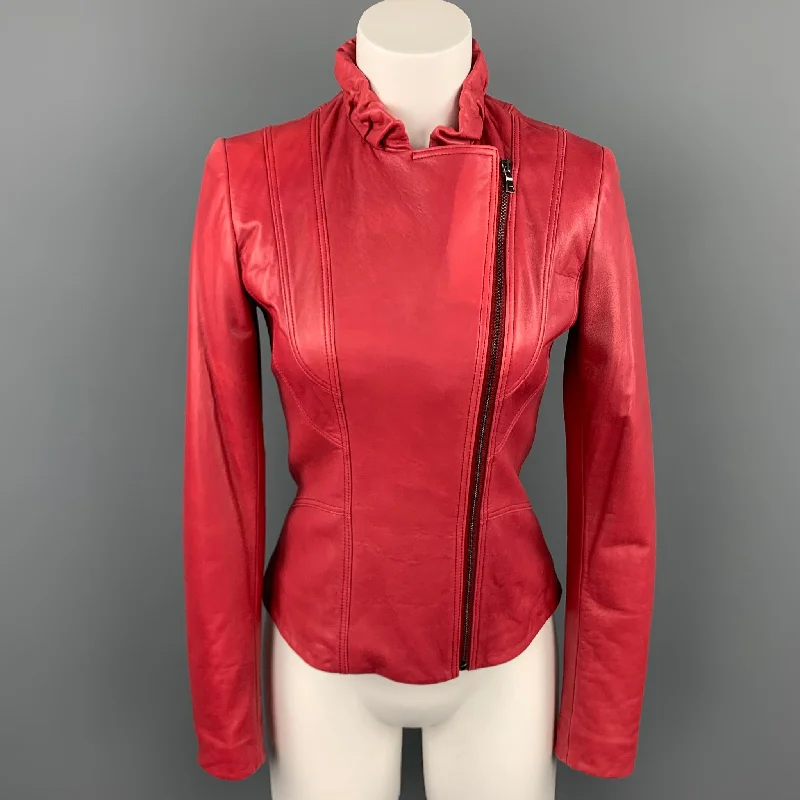 Super Sale ELIE TAHARI Size XS Red Leather Ruched Collar Jacket