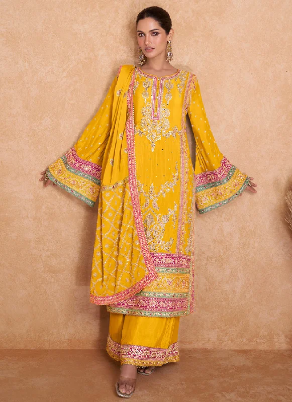 Blowout Sale Yellow Multi Embroidered Wedding Palazzo Suit