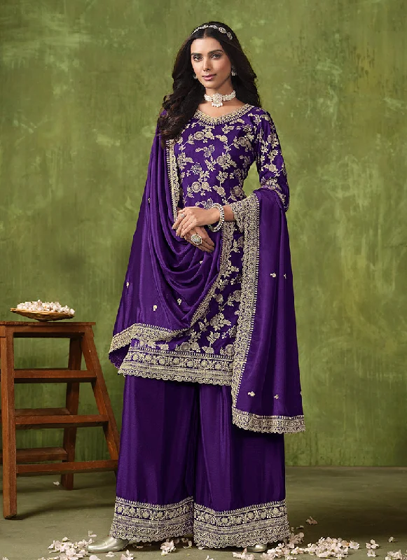 Savings Spectacular Purple Reshamkari Embroidery Wedding Palazzo Suit