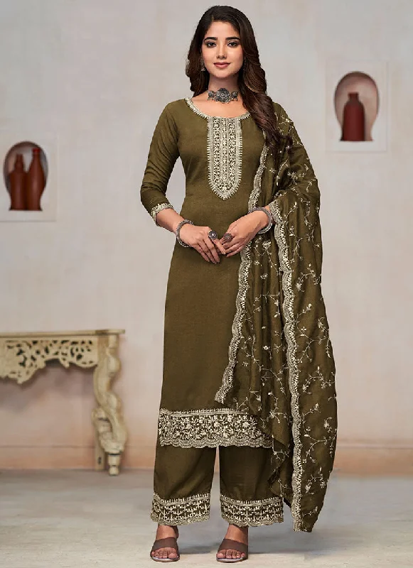 Limited Stock Olive Green Embroidery Pant Style Salwar Kameez Suit