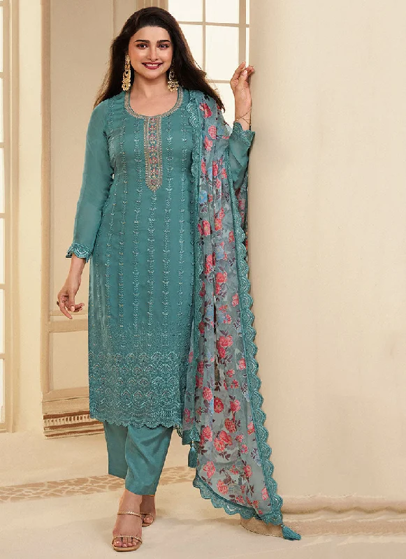 The Best Prices Teal Blue Schiffli Embroidery Traditional Pant Style Salwar Suit