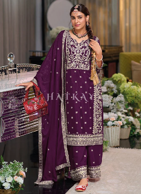Super Deal Plum Purple Embroidered Palazzo Suit