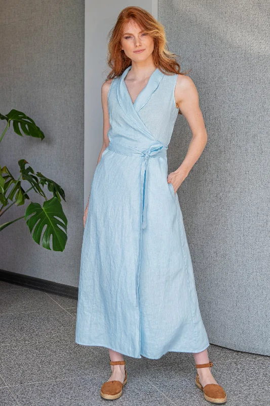 Discount Deals Sleeveless Linen Wrap Dress