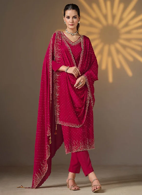 Doorbuster Deal Hot Pink Golden Embroidered Pant Style Suit