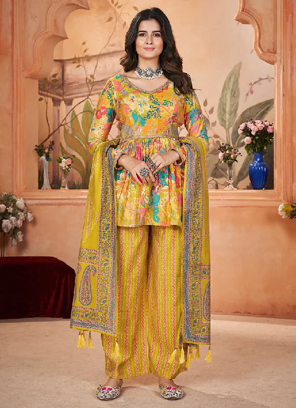 Huge Discounts Yellow Digital Printed Peplum Pant Style Suit