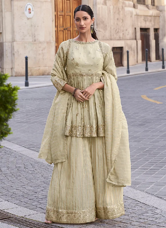 Act Fast Beige Golden Embroidery Palazzo Style Suit