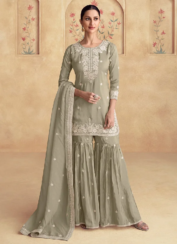 Year-End Clearance Sage Green Designer Embroidery Gharara Suit