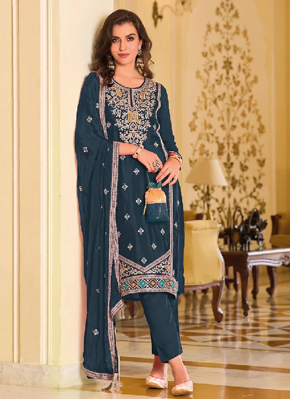 YEAR-End Clearance Turquoise Crystal Stone Embroidery Pant Style Suit