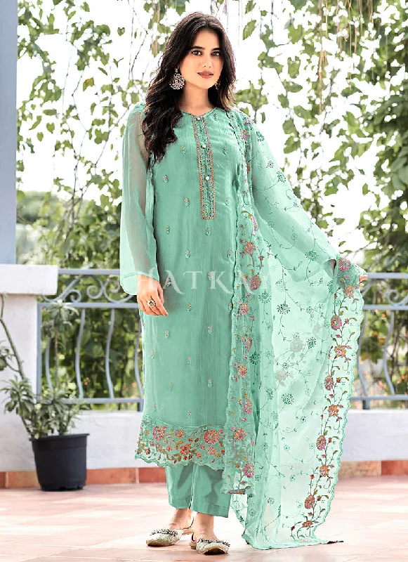 Quick Sale Turquoise Floral Embroidered Pakistani Suit