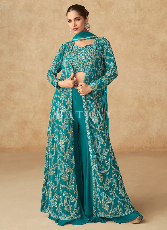Grand Opening Sale Turquoise Blue Embroidered Jacket Style Palazzo Suit