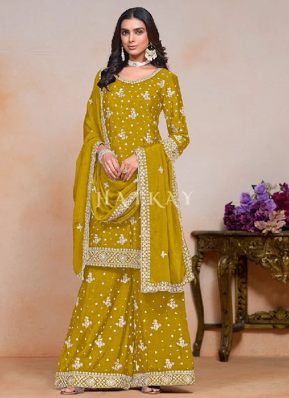 Bonus Savings Yellow Embroidered Palazzo Style Suit