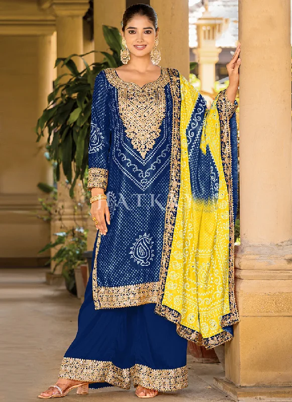 Factory Direct Sale Blue And Yellow Mirror Work Printed Palazzo Suit
