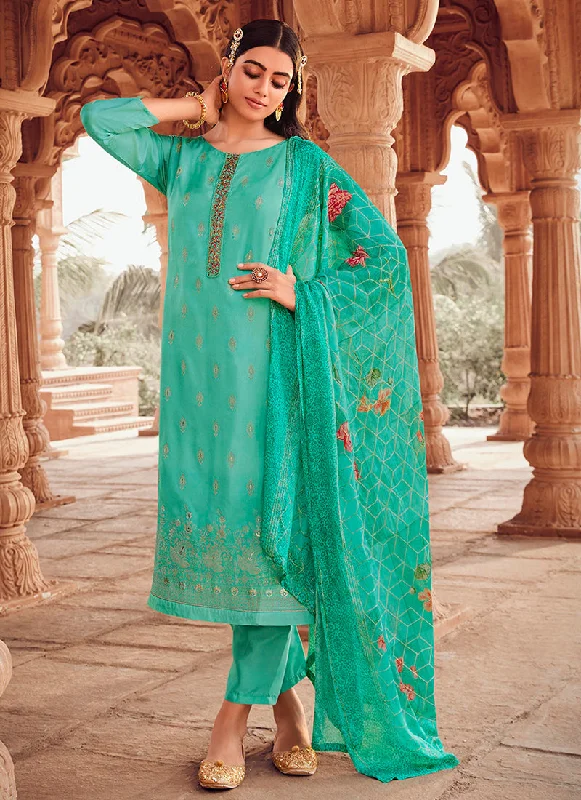 Flash Deals Teal Blue Handwork Embroidery Traditional Pant Style Suit