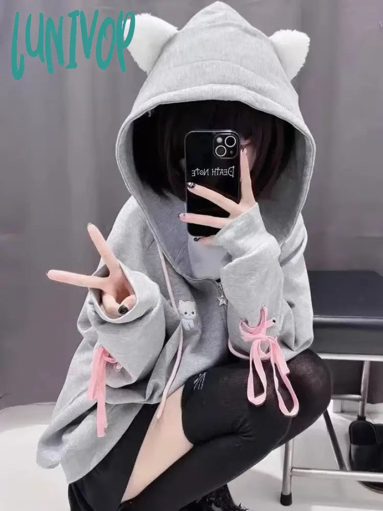 Massive Deals Lunivop Kawaii Cat Ears Zip Up Hoodies Women Sweet Girl Japanese Fashion Hooded Sweatshirts Cute Cartoon Embroidery Casual Tops Massive Deals Lunivop Kawaii Cat Ears Zip Up Hoodies Women Sweet Girl Japanese Fashion Hooded Sweatshirts Cute Cartoon Embroidery Casual Tops