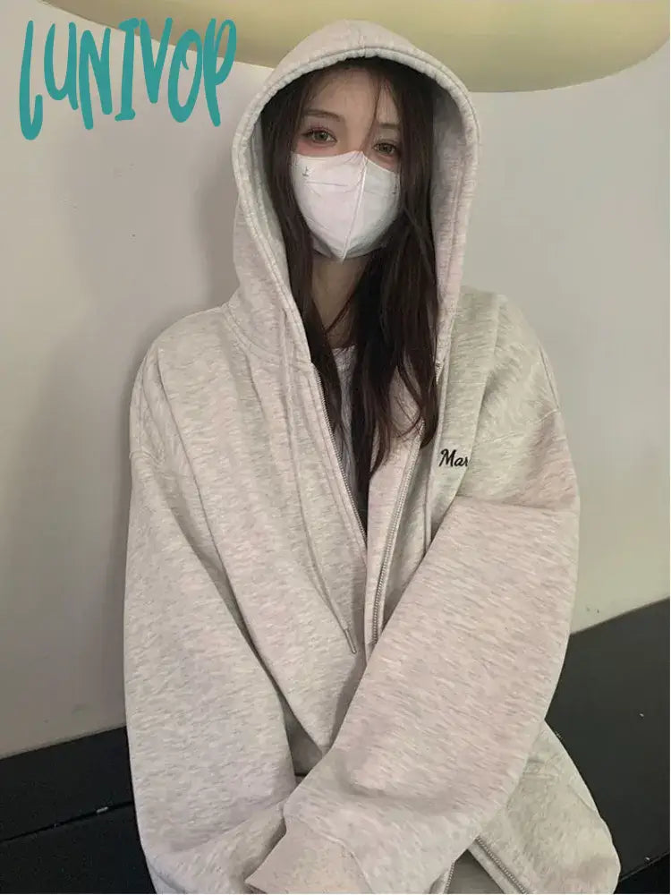 Steals and Deals Lunivop Korean Style Oversized Hoodies Women Harajuku Kpop Zip Up Hooded Sweatshirts Solid Grey Casual Vintage Long Sleeve Tops Steals and Deals Lunivop Korean Style Oversized Hoodies Women Harajuku Kpop Zip Up Hooded Sweatshirts Solid Grey Casual Vintage Long Sleeve Tops