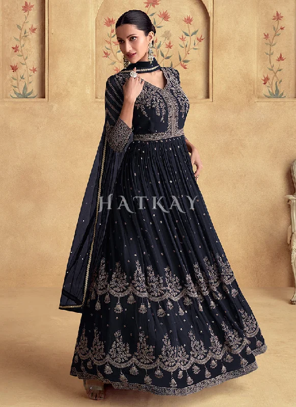 Early Bird Discount Dark Blue Reshamkari Embroidery Wedding Anarkali Dress