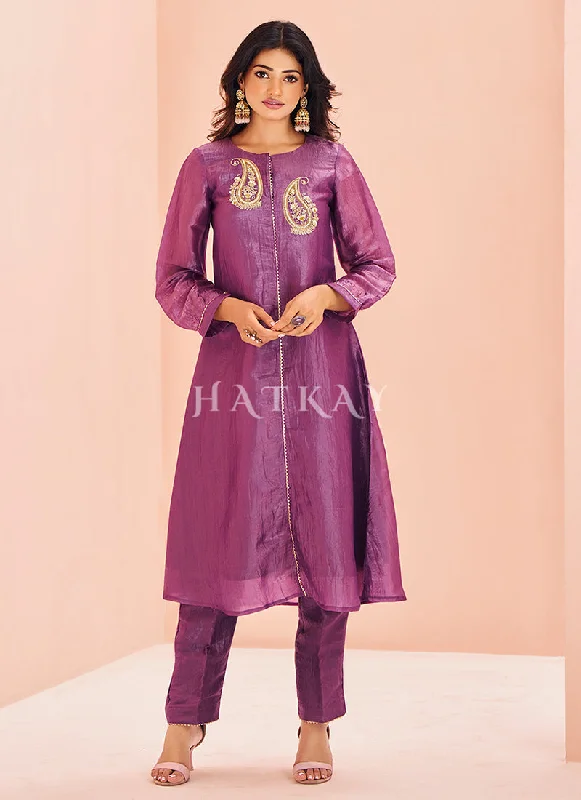 Unbeatable Prices Purple Handwork Kurta And Pant Suit