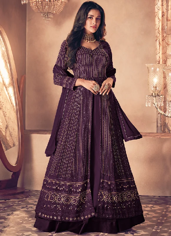 Weekend Flash Sale Dark Purple Traditional Sequence Embroidered Wedding Anarkali Lehenga