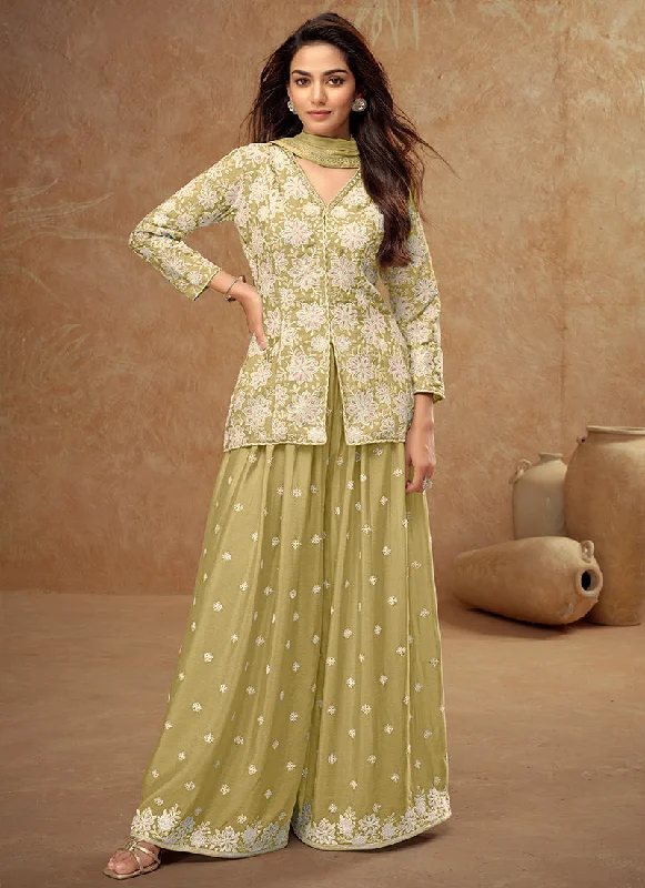 Limited Time Offer Pastel Green Embroidered Koti Style Kurti And Palazzo Suit