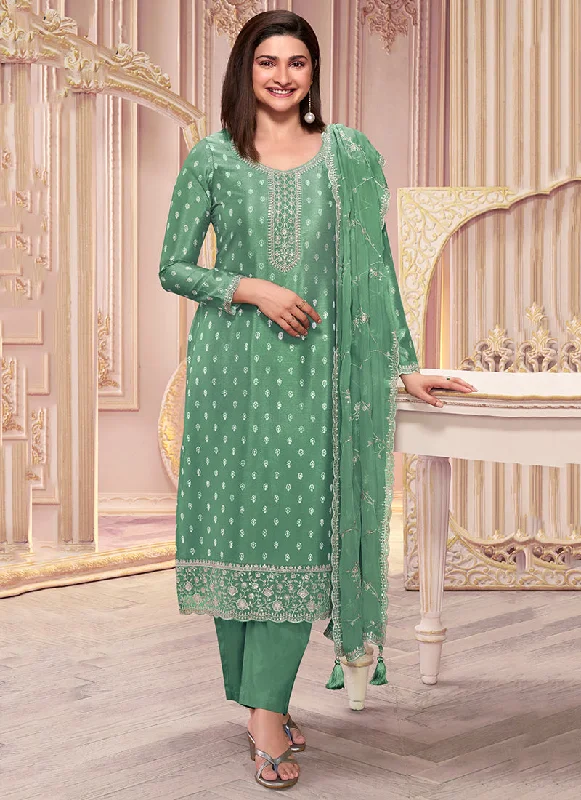 Deal Dash Green Reshamkari Embroidery Silk Salwar Kameez