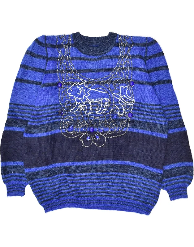 Deal Alert VINTAGE Womens Graphic Crew Neck Jumper Sweater UK 16 Large Navy Blue