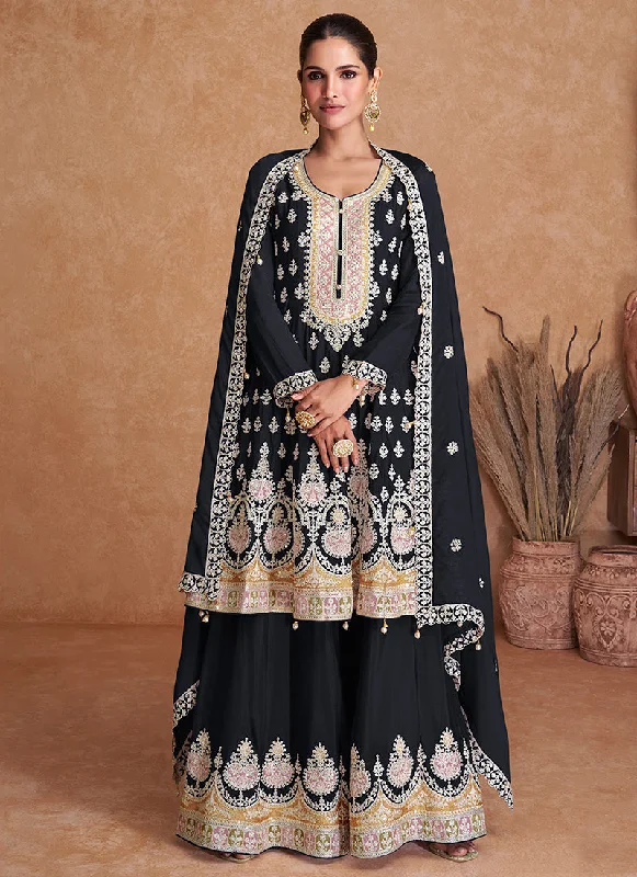 Price Reduction Black Multi Embroidery Wedding Gharara Style Suit