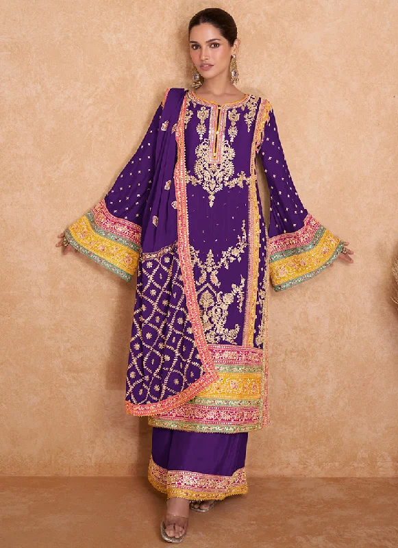 Lowest Price Purple Multi Embroidered Wedding Palazzo Suit
