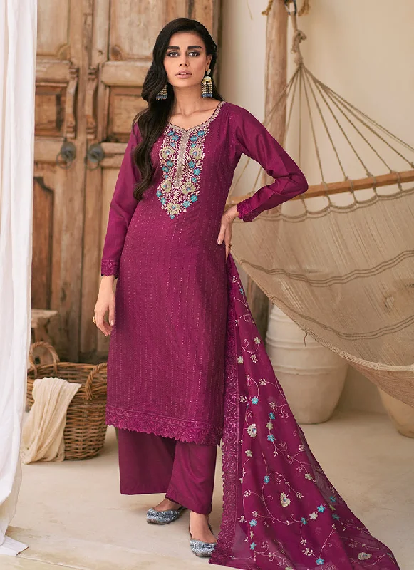 Special Price Wine Multi Floral Embroidery Pant Style Suit