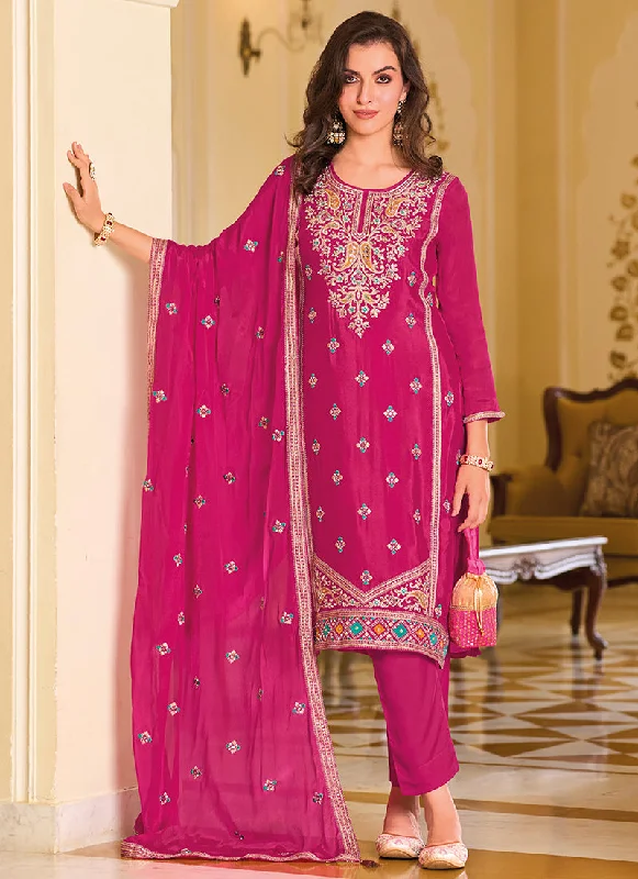 Best Deals Hot Pink Crystal Stone Embroidery Pant Style Suit