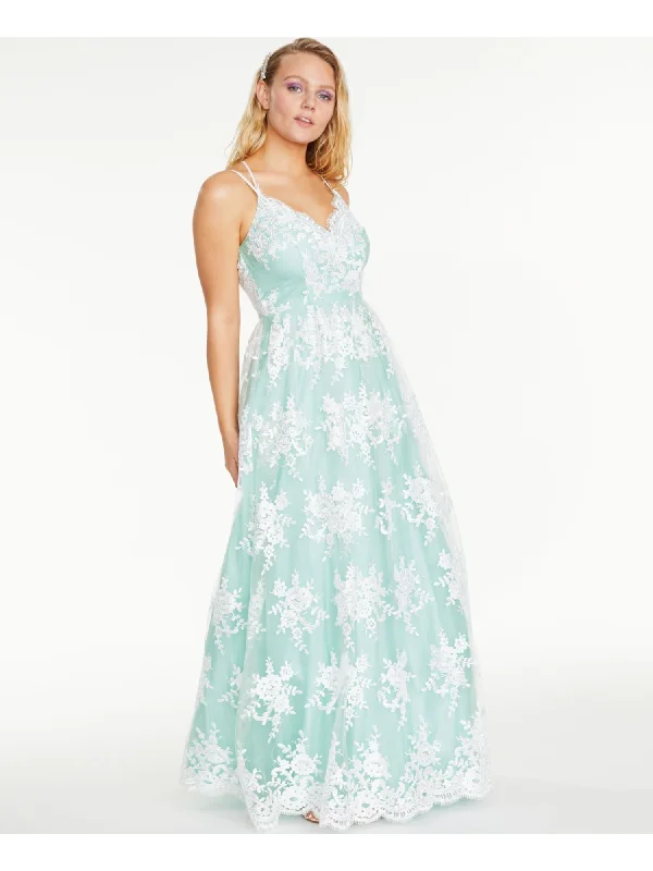 Can't Miss SAY YES TO THE PROM Womens Sheer Patterned Spaghetti Strap V Neck Full-Length Prom Fit + Flare Dress