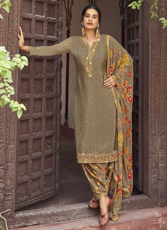 Lowest Prices Olive Green Multi Embroidered Traditional Punjabi Style Suit