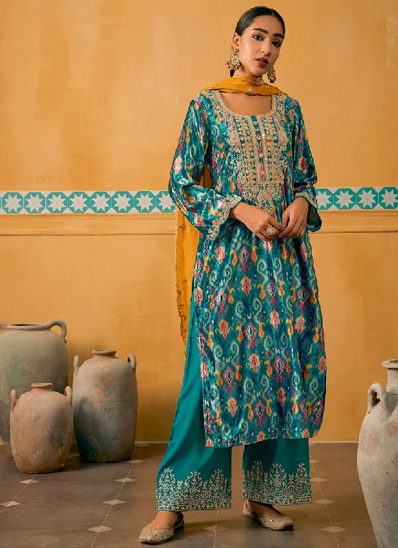 Discount Extravaganza Turquoise And Yellow Embroidered Velvet Kurta Pant Suit